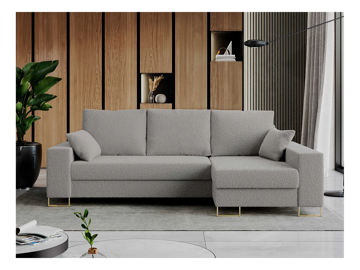 Ecksofa DORIAN - schlaffunktion und Bettkasten, lose Kissen - Hellgrau Boucle