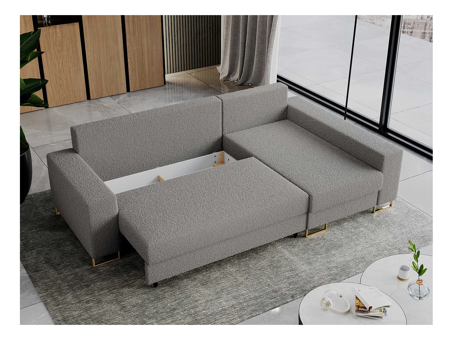 Ecksofa DORIAN - schlaffunktion und Bettkasten, lose Kissen - Hellgrau Boucle