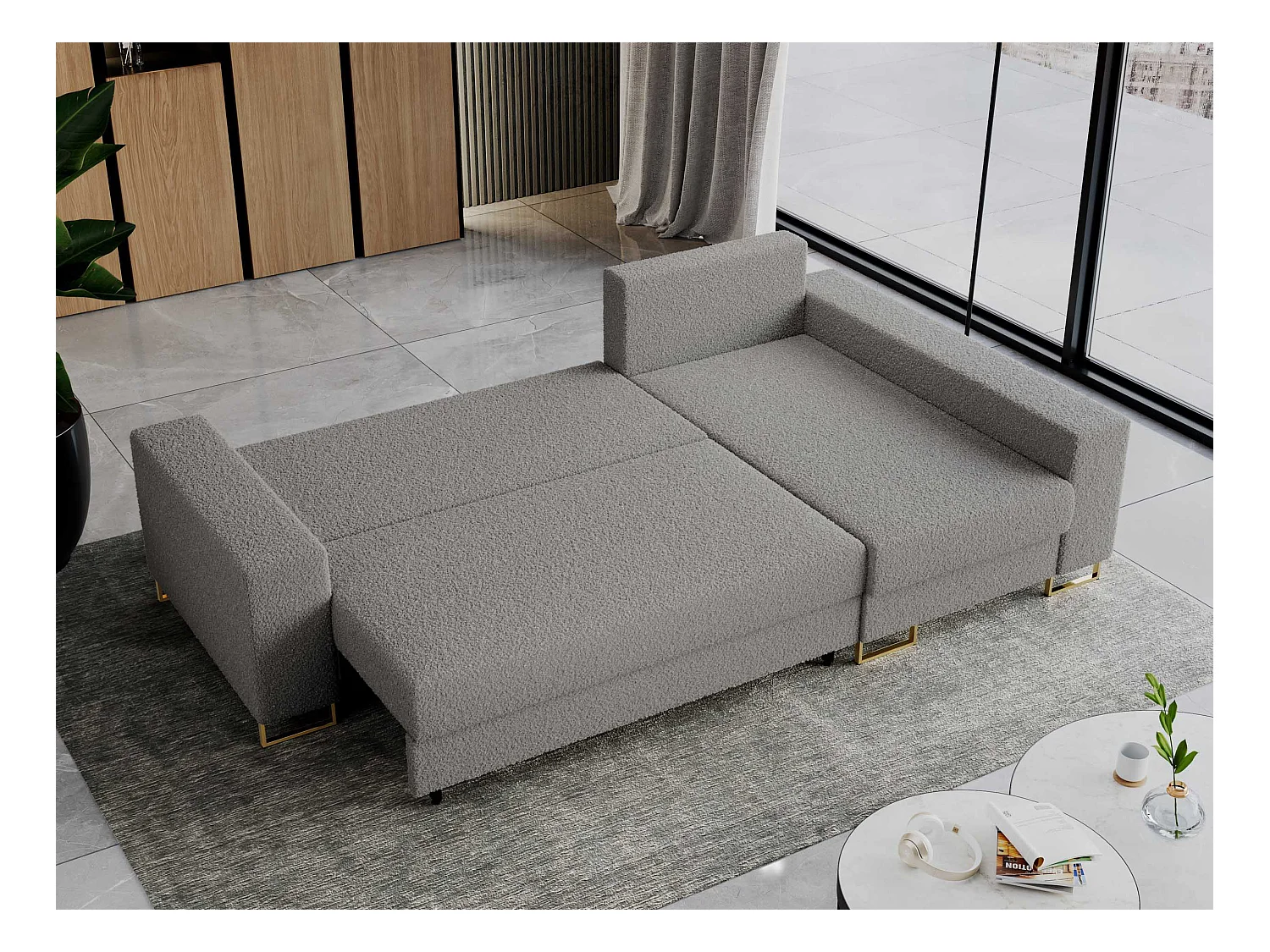 Ecksofa DORIAN - schlaffunktion und Bettkasten, lose Kissen - Hellgrau Boucle