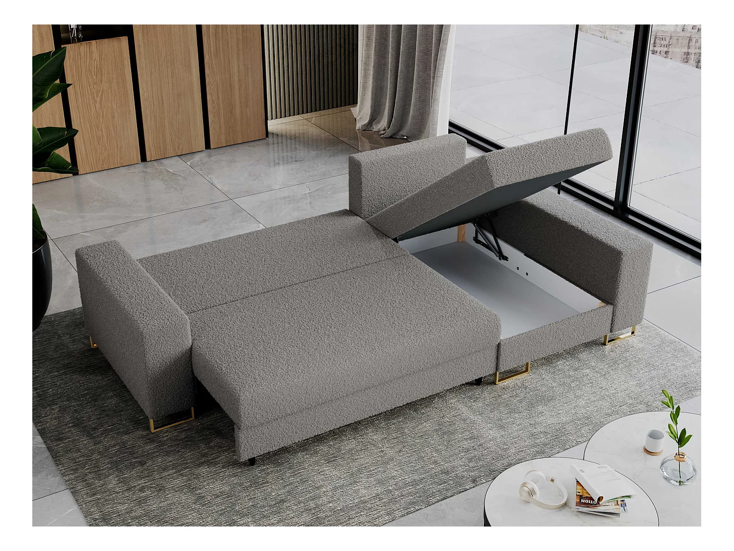 Ecksofa DORIAN - schlaffunktion und Bettkasten, lose Kissen - Hellgrau Boucle