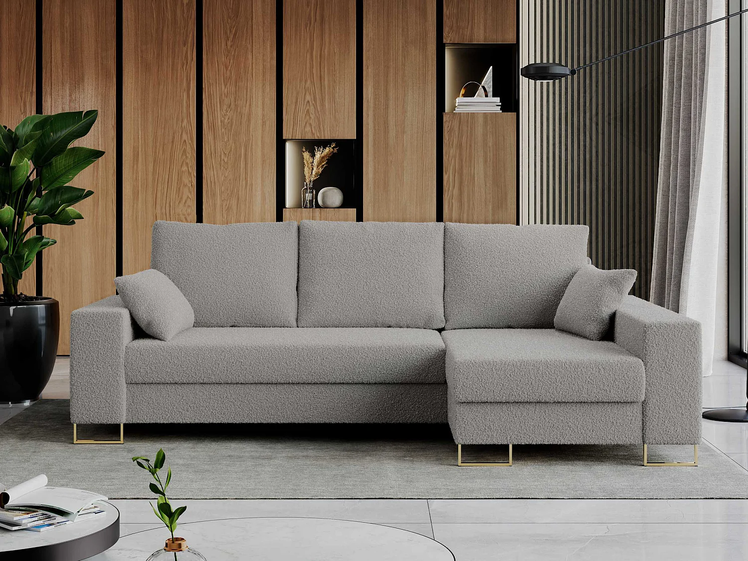 Ecksofa DORIAN - schlaffunktion und Bettkasten, lose Kissen - Hellgrau Boucle