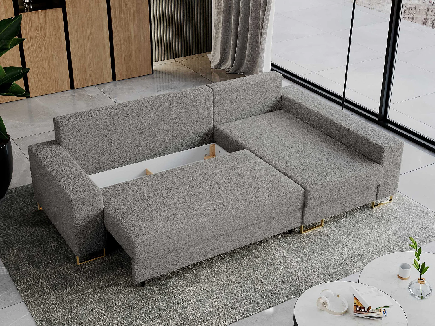 Ecksofa DORIAN - schlaffunktion und Bettkasten, lose Kissen - Hellgrau Boucle