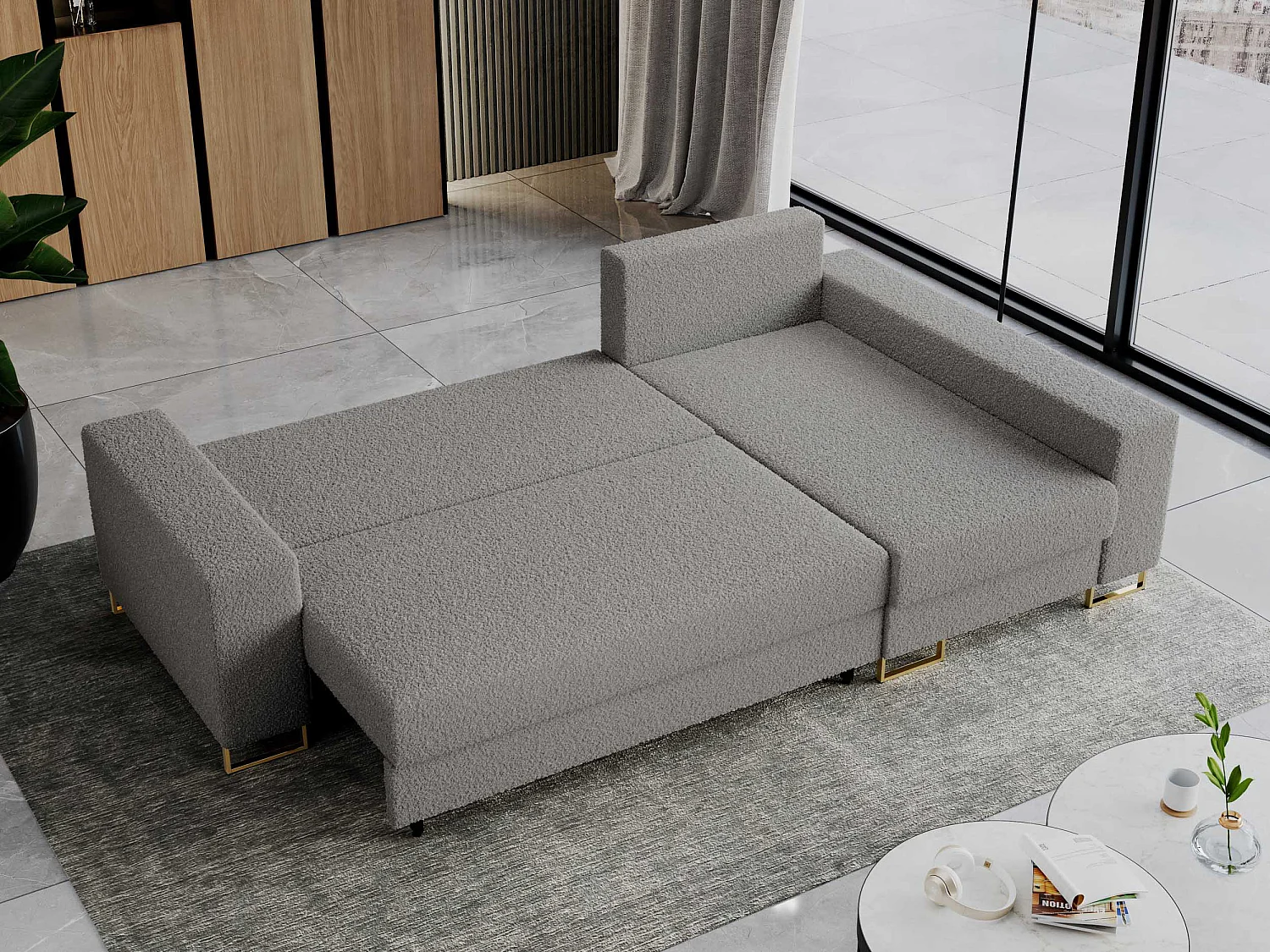 Ecksofa DORIAN - schlaffunktion und Bettkasten, lose Kissen - Hellgrau Boucle