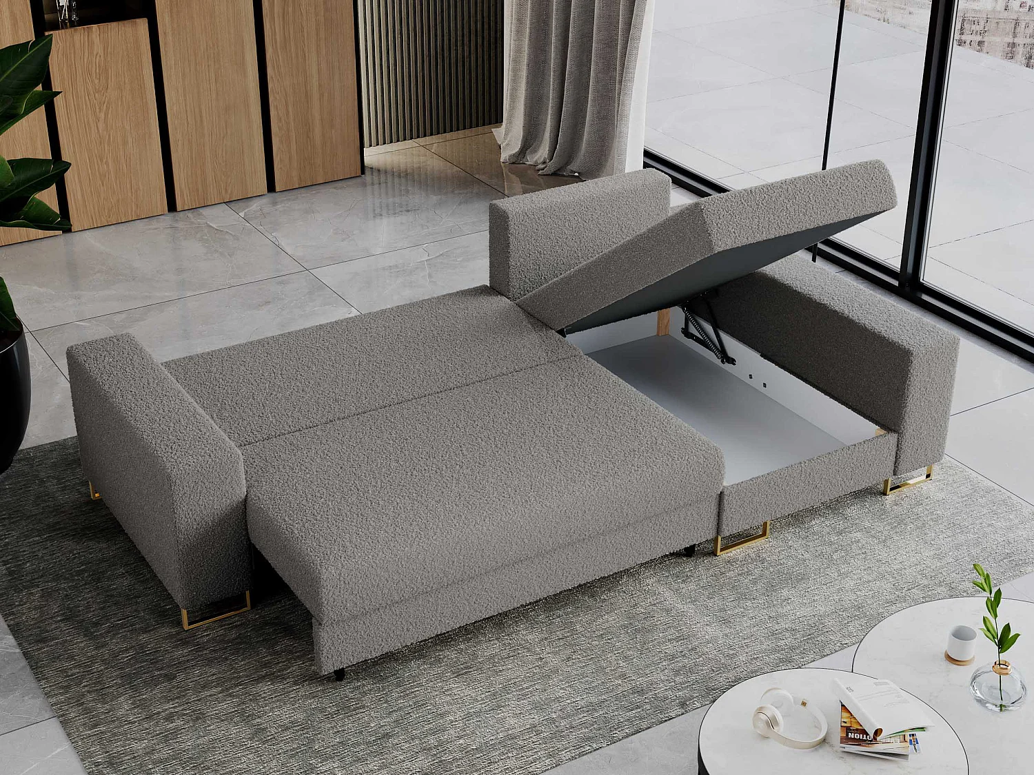 Ecksofa DORIAN - schlaffunktion und Bettkasten, lose Kissen - Hellgrau Boucle