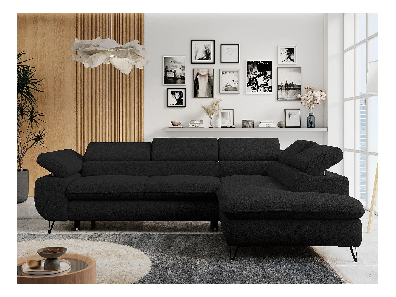 Ecksofa PETER verstellbare Kopfstütze, schlaffunktion - Schwarz Boucle - Ecke Rechts