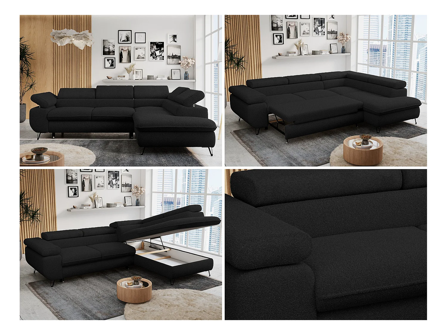 Ecksofa PETER verstellbare Kopfstütze, schlaffunktion - Schwarz Boucle - Ecke Rechts