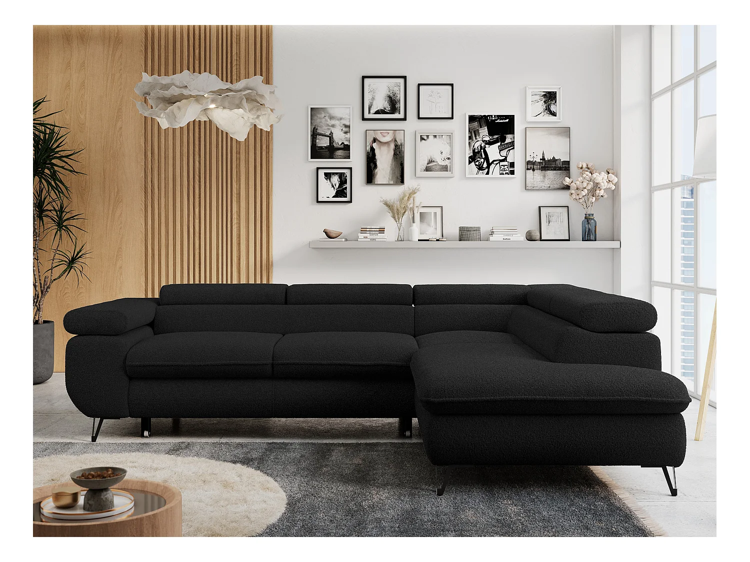 Ecksofa PETER verstellbare Kopfstütze, schlaffunktion - Schwarz Boucle - Ecke Rechts