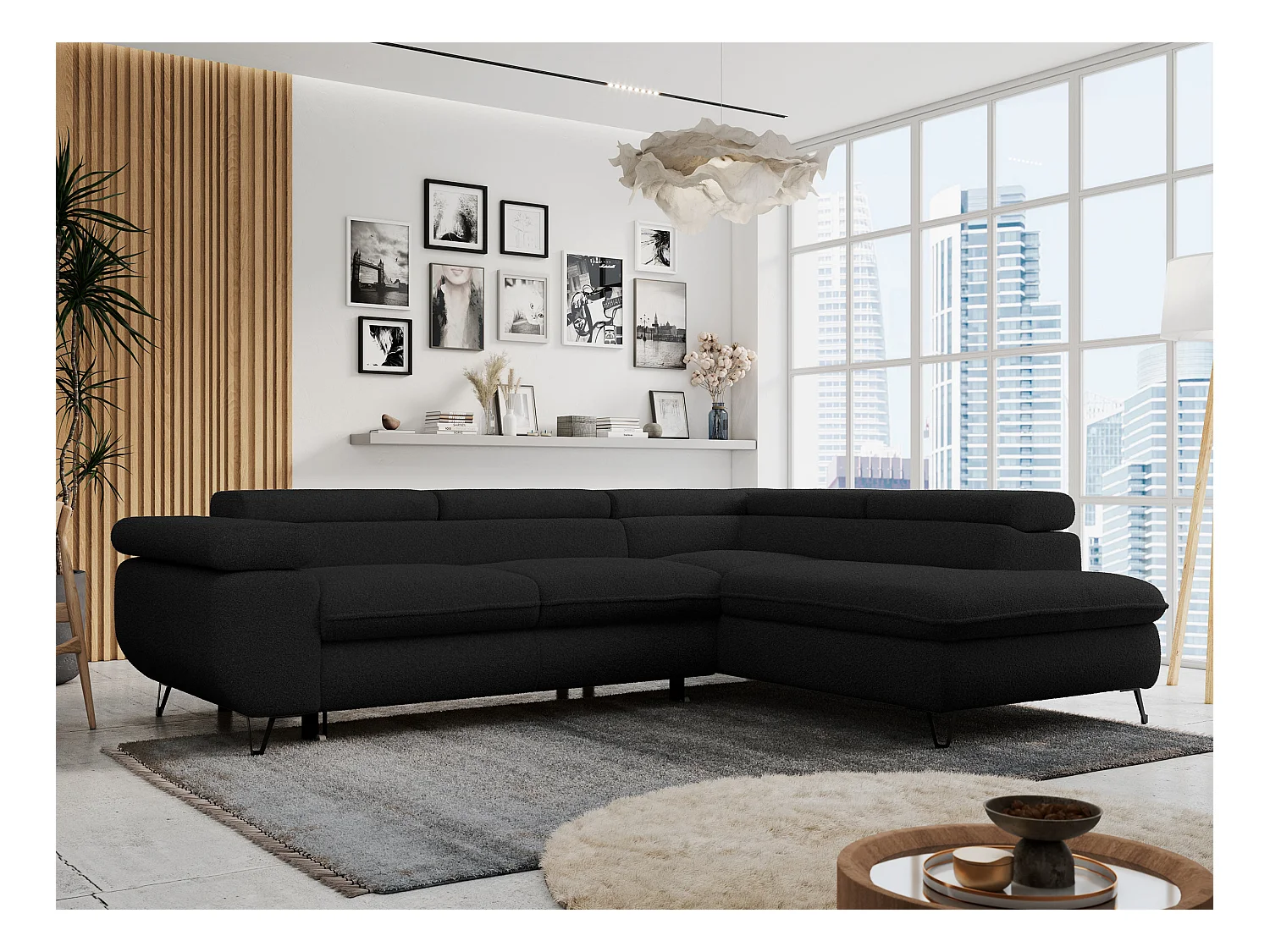 Ecksofa PETER verstellbare Kopfstütze, schlaffunktion - Schwarz Boucle - Ecke Rechts