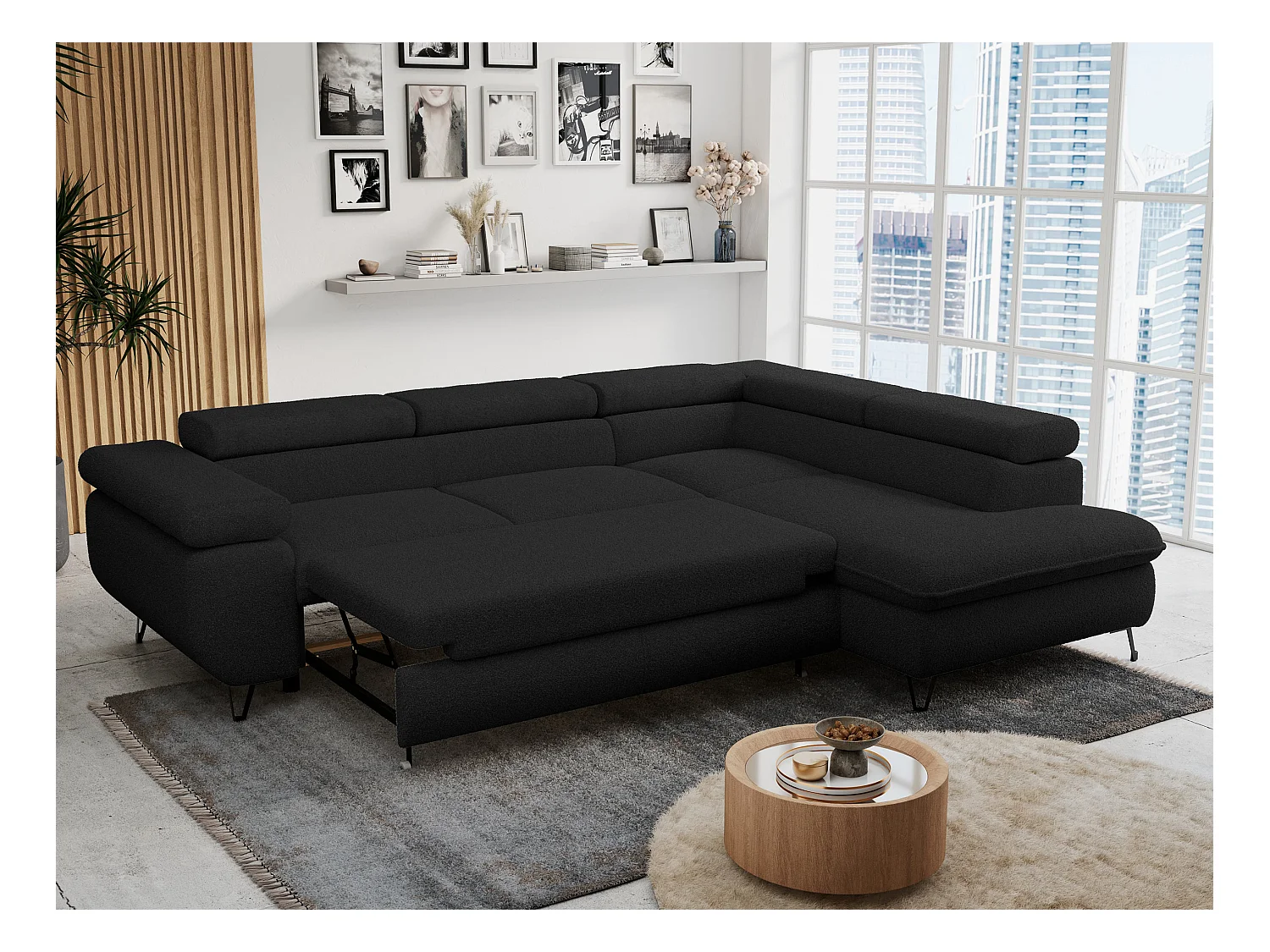 Ecksofa PETER verstellbare Kopfstütze, schlaffunktion - Schwarz Boucle - Ecke Rechts