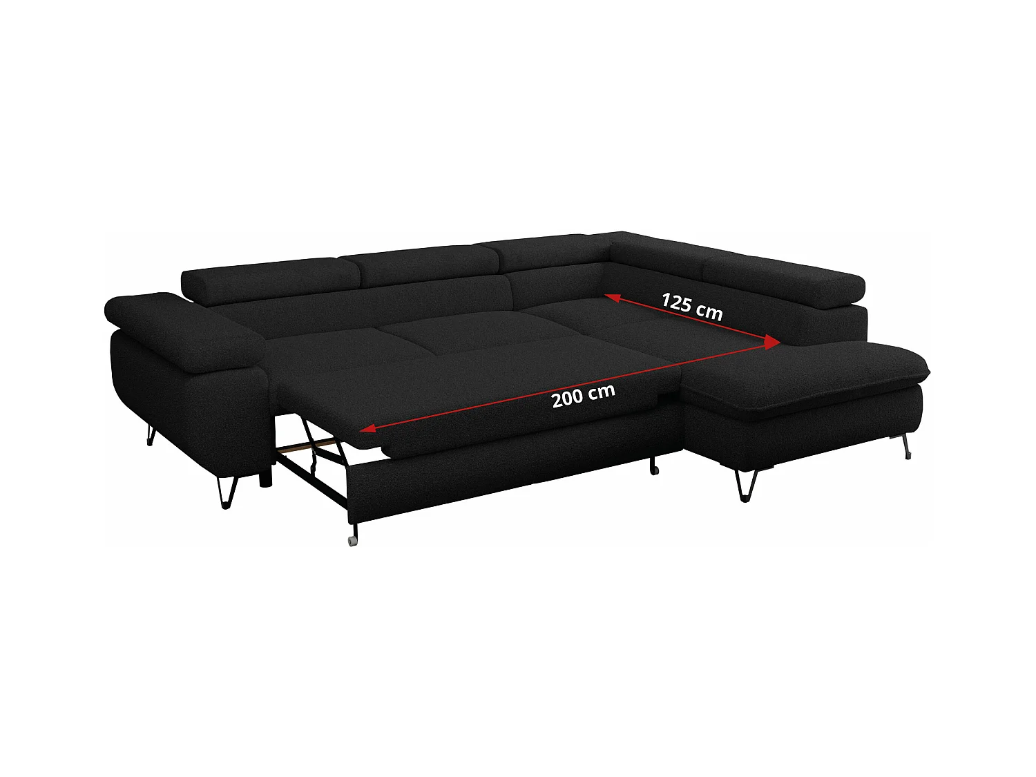 Ecksofa PETER verstellbare Kopfstütze, schlaffunktion - Schwarz Boucle - Ecke Rechts