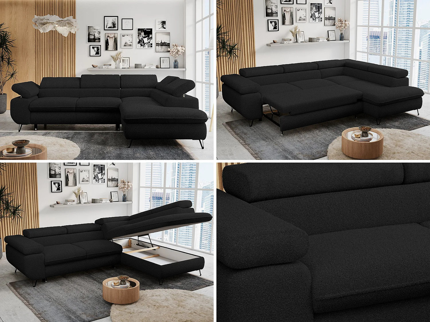 Ecksofa PETER verstellbare Kopfstütze, schlaffunktion - Schwarz Boucle - Ecke Rechts