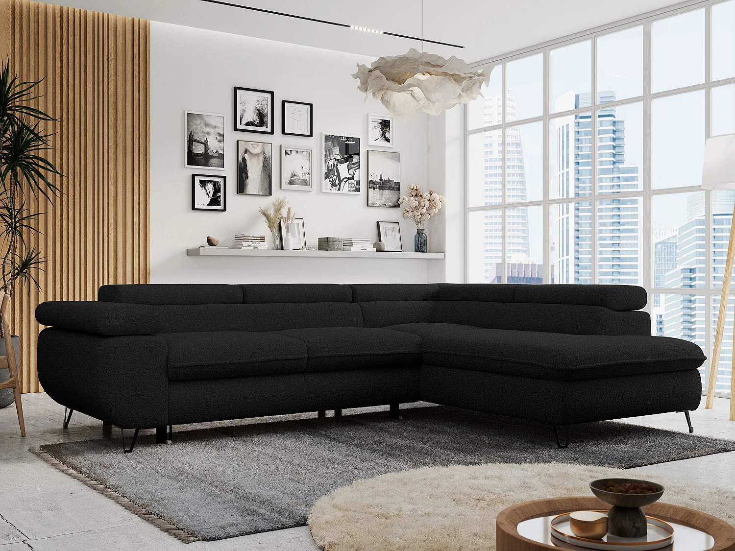 Ecksofa PETER verstellbare Kopfstütze, schlaffunktion - Schwarz Boucle - Ecke Rechts