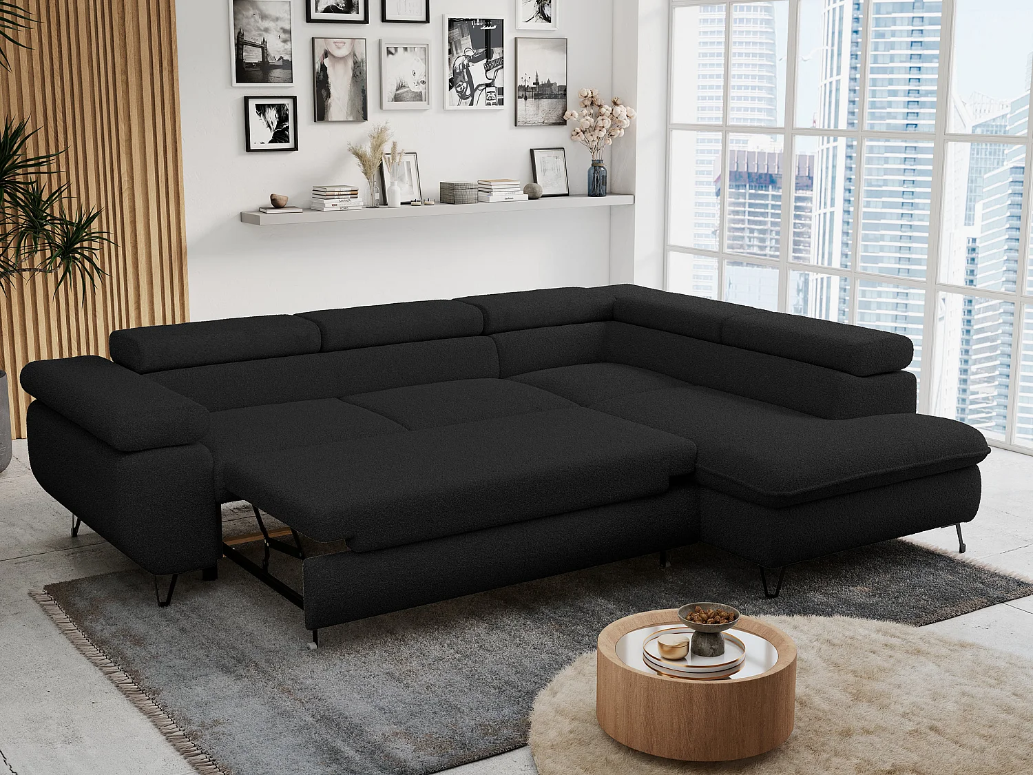 Ecksofa PETER verstellbare Kopfstütze, schlaffunktion - Schwarz Boucle - Ecke Rechts