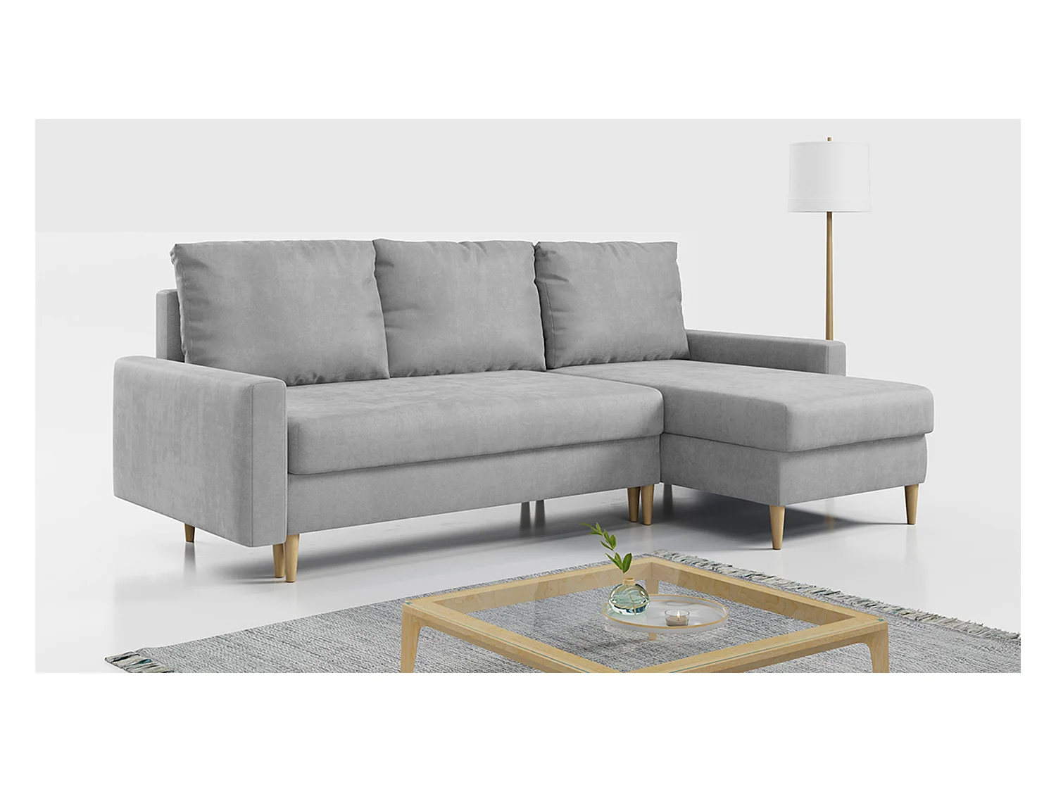 Ecksofa Universal - mit schlaffunktion und Bettkästen - Hellgrau Velvet - LANG