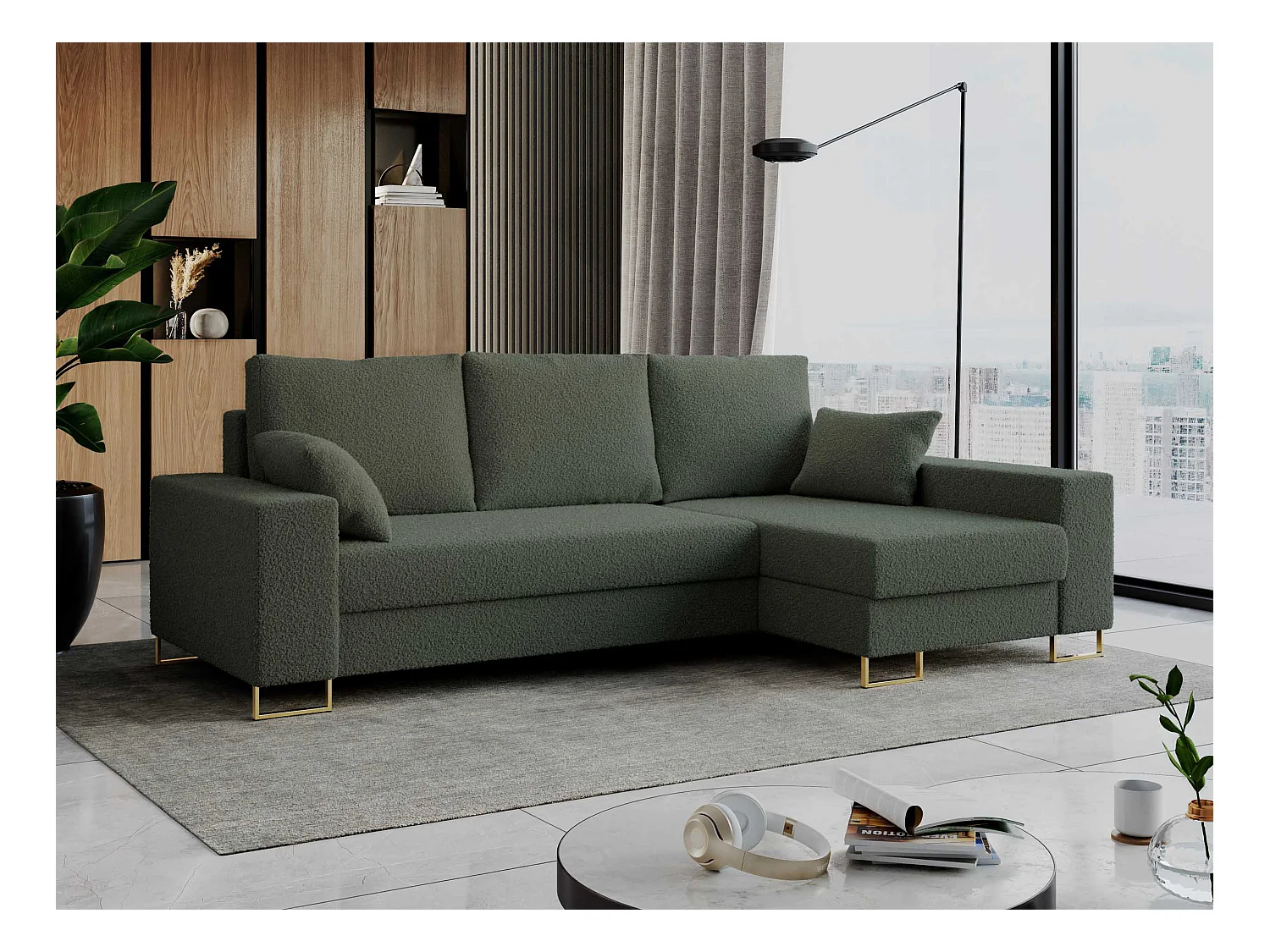 Ecksofa DORIAN - schlaffunktion und Bettkasten, lose Kissen - Grün Boucle