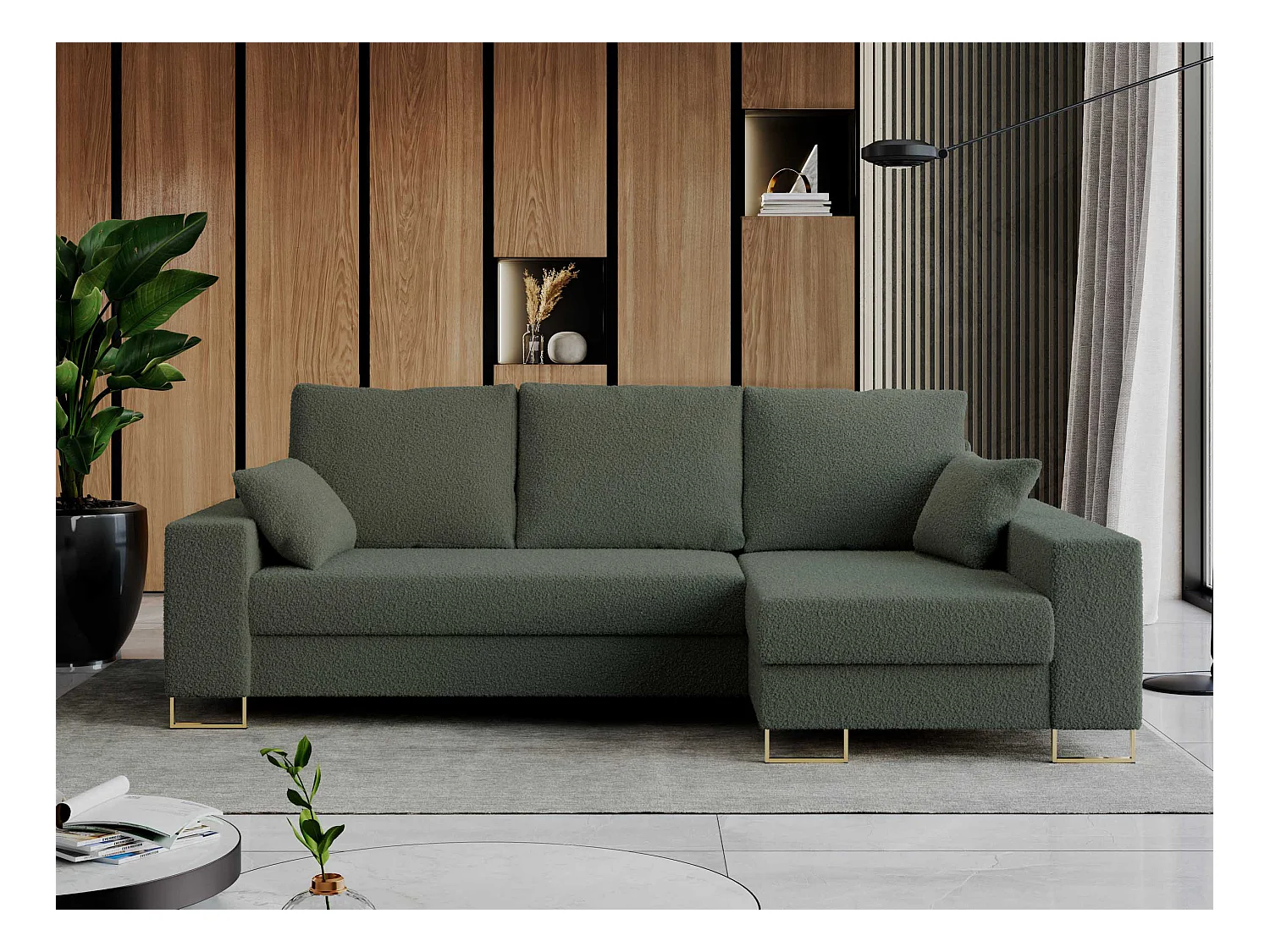 Ecksofa DORIAN - schlaffunktion und Bettkasten, lose Kissen - Grün Boucle