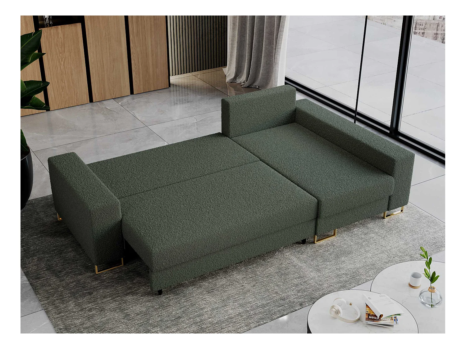 Ecksofa DORIAN - schlaffunktion und Bettkasten, lose Kissen - Grün Boucle