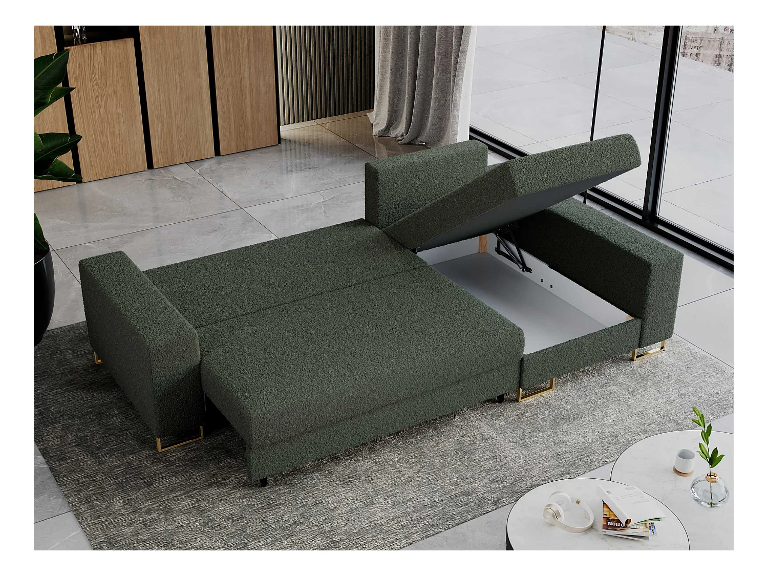 Ecksofa DORIAN - schlaffunktion und Bettkasten, lose Kissen - Grün Boucle