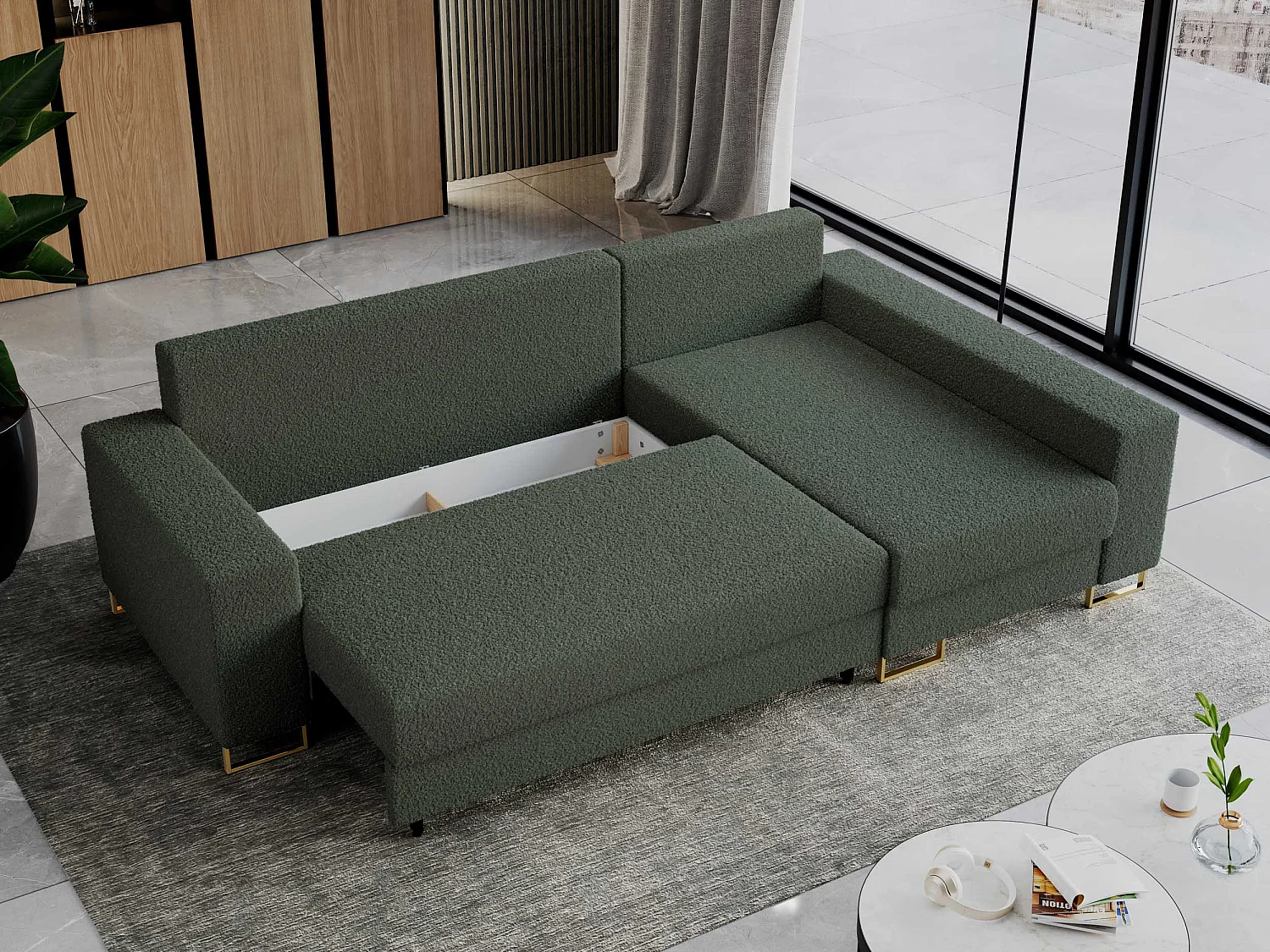 Ecksofa DORIAN - schlaffunktion und Bettkasten, lose Kissen - Grün Boucle