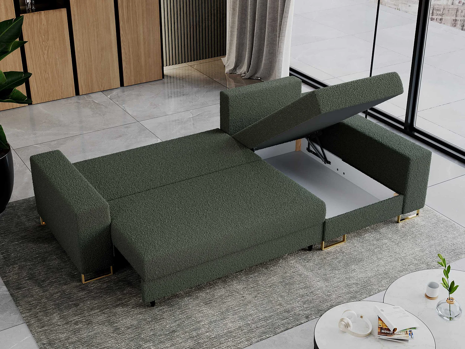 Ecksofa DORIAN - schlaffunktion und Bettkasten, lose Kissen - Grün Boucle