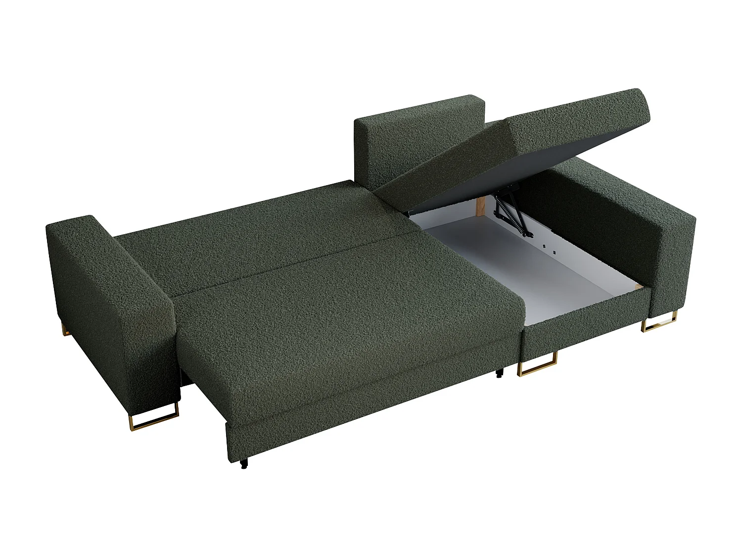 Ecksofa DORIAN - schlaffunktion und Bettkasten, lose Kissen - Grün Boucle