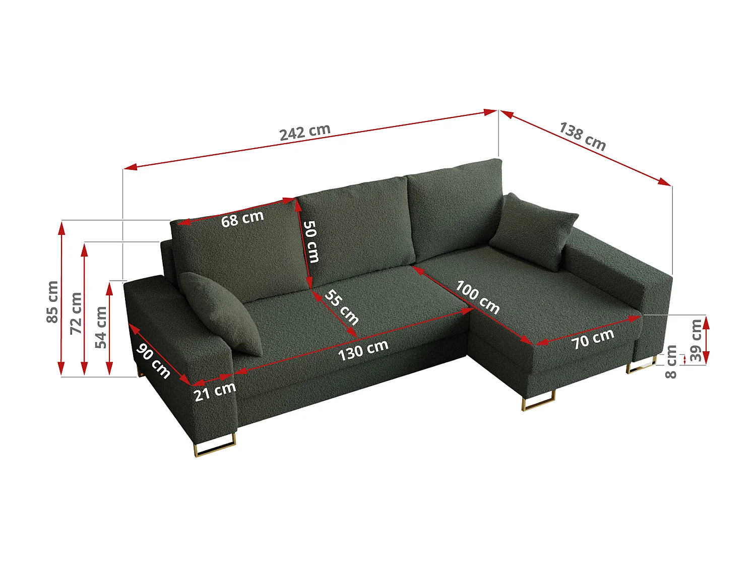 Ecksofa DORIAN - schlaffunktion und Bettkasten, lose Kissen - Grün Boucle