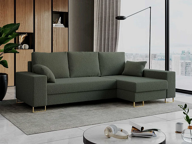 Ecksofa DORIAN - schlaffunktion und Bettkasten, lose Kissen - Grün Boucle