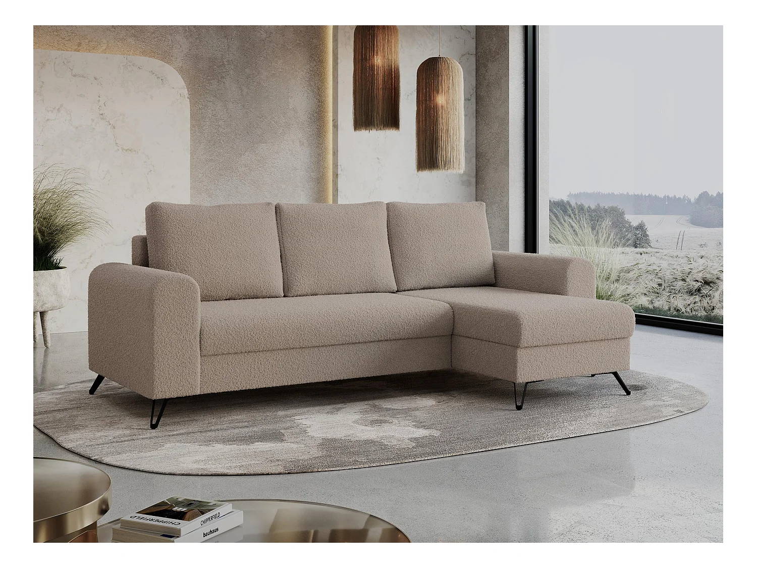 Ecksofa HUGO - L-Form mit Schlaffunktion, lose Kissen - Hellbraun Boucle
