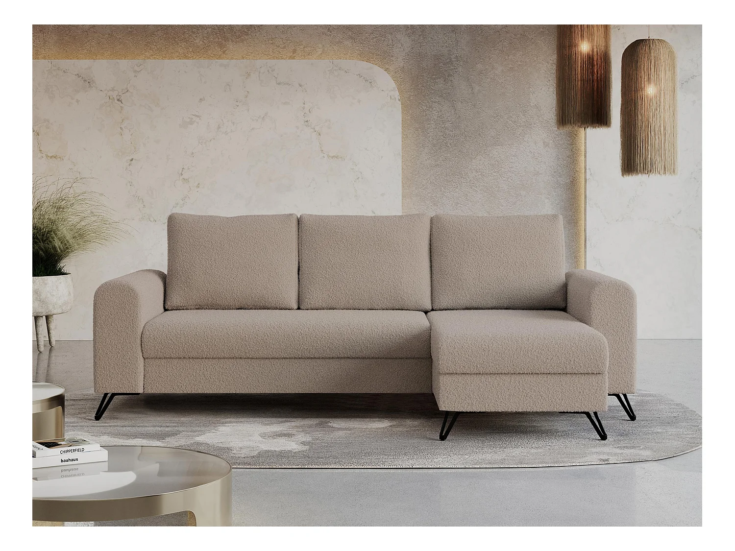 Ecksofa HUGO - L-Form mit Schlaffunktion, lose Kissen - Hellbraun Boucle
