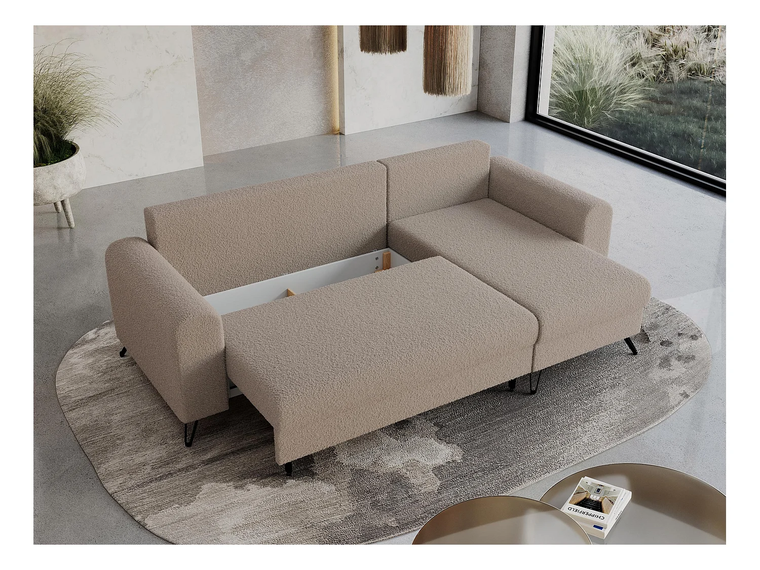 Ecksofa HUGO - L-Form mit Schlaffunktion, lose Kissen - Hellbraun Boucle
