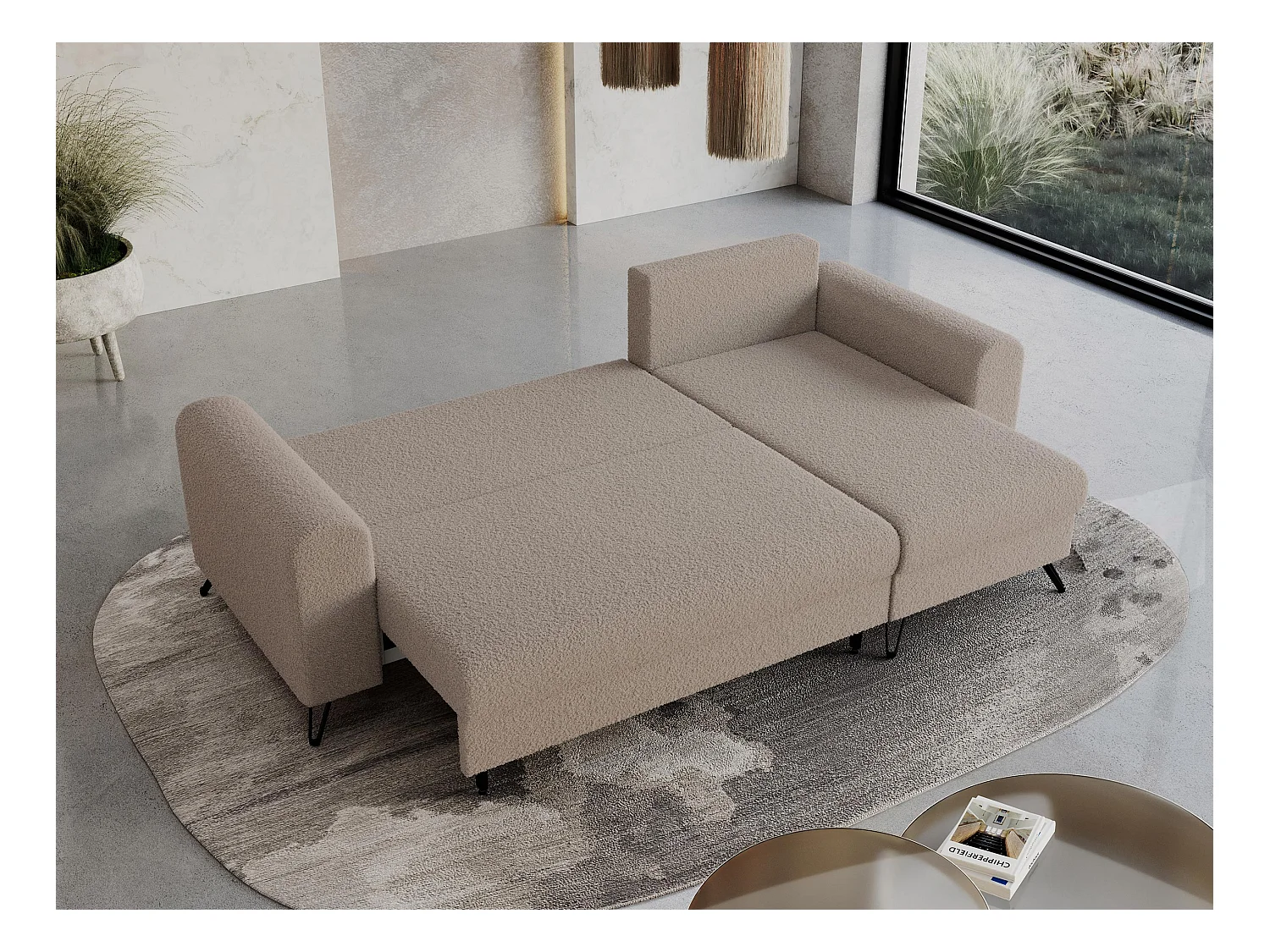Ecksofa HUGO - L-Form mit Schlaffunktion, lose Kissen - Hellbraun Boucle