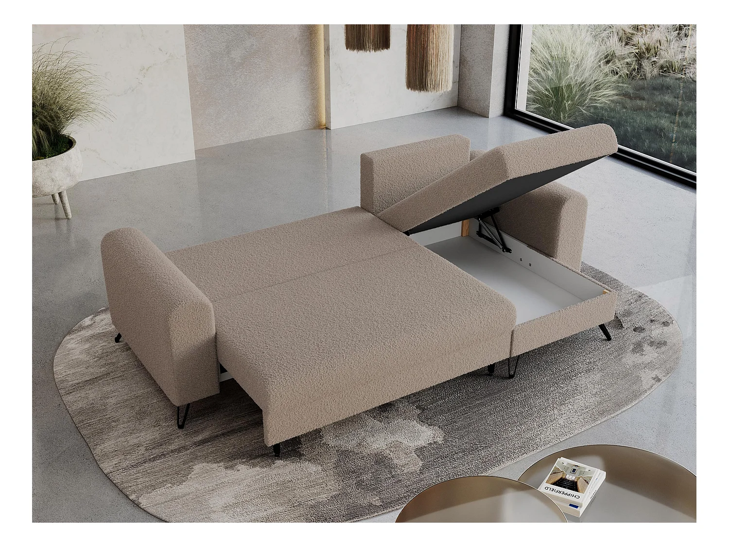 Ecksofa HUGO - L-Form mit Schlaffunktion, lose Kissen - Hellbraun Boucle