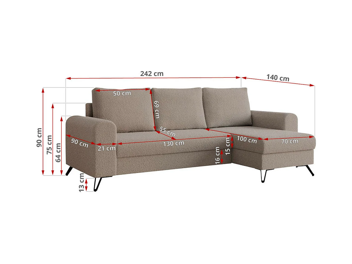 Ecksofa HUGO - L-Form mit Schlaffunktion, lose Kissen - Hellbraun Boucle