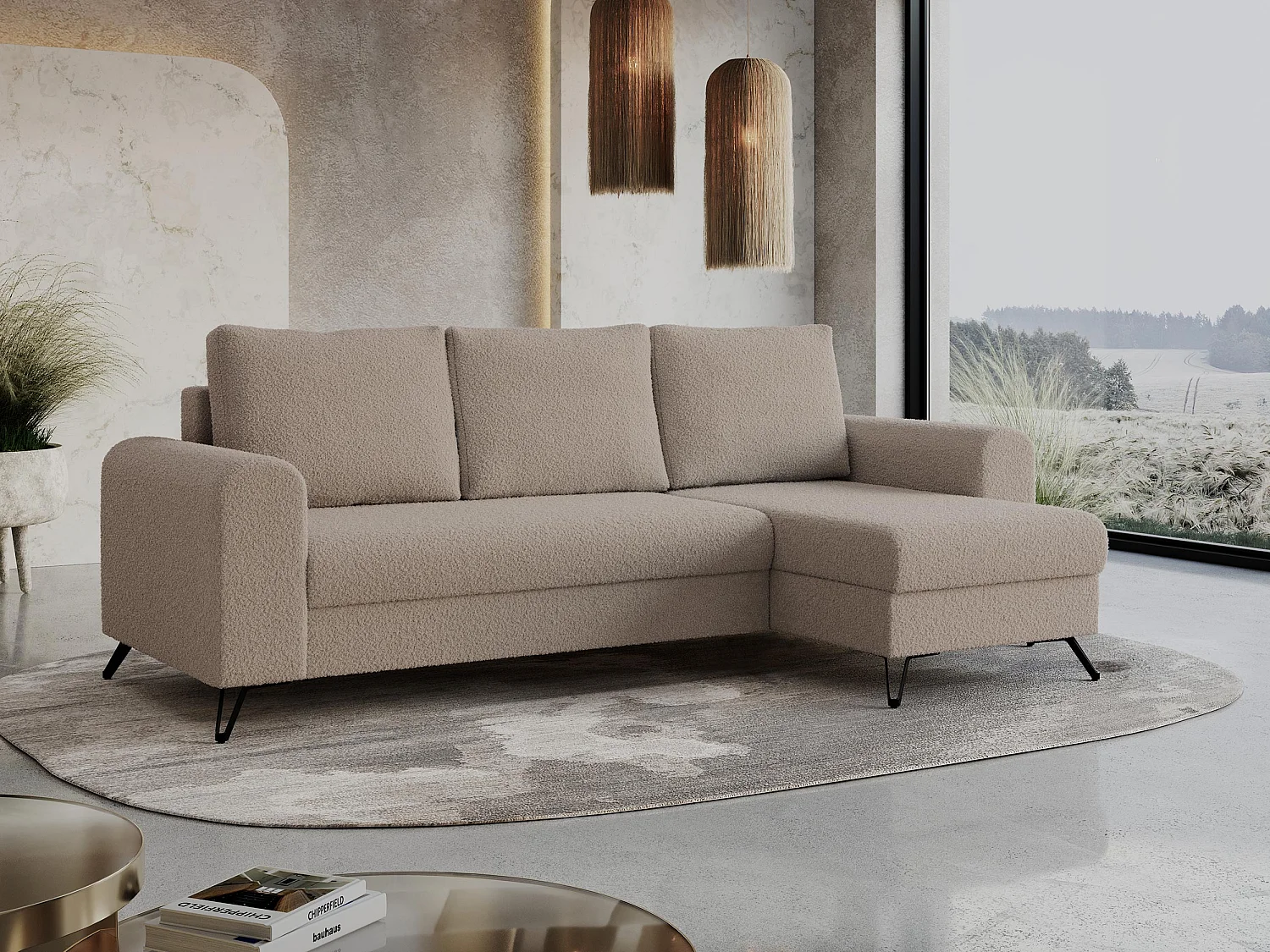 Ecksofa HUGO - L-Form mit Schlaffunktion, lose Kissen - Hellbraun Boucle