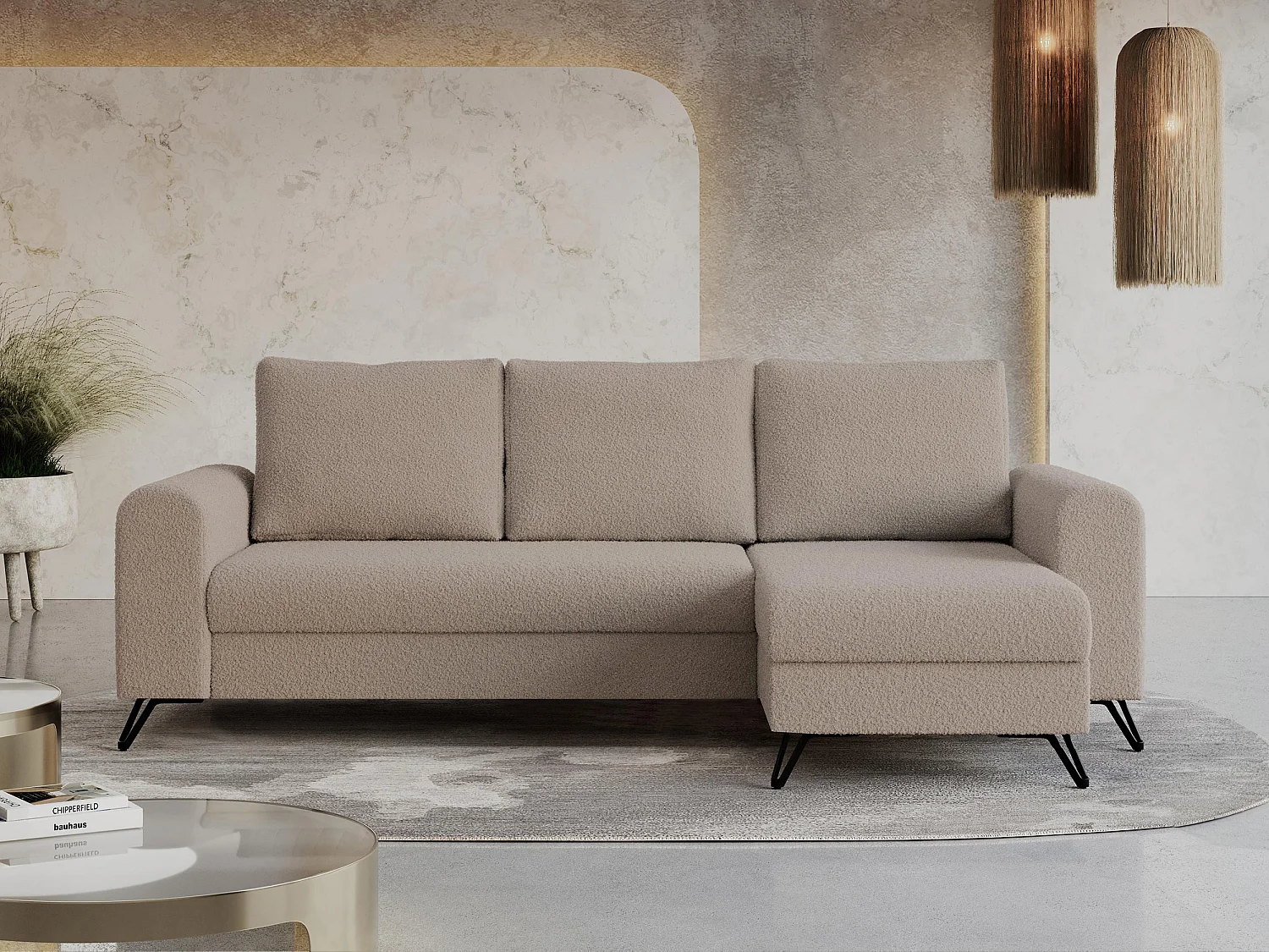 Ecksofa HUGO - L-Form mit Schlaffunktion, lose Kissen - Hellbraun Boucle