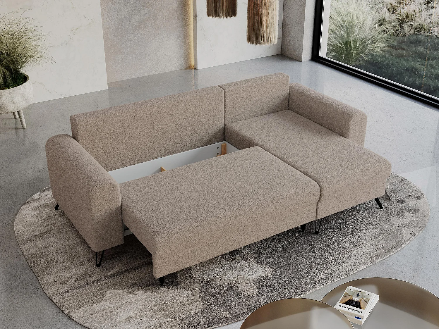 Ecksofa HUGO - L-Form mit Schlaffunktion, lose Kissen - Hellbraun Boucle