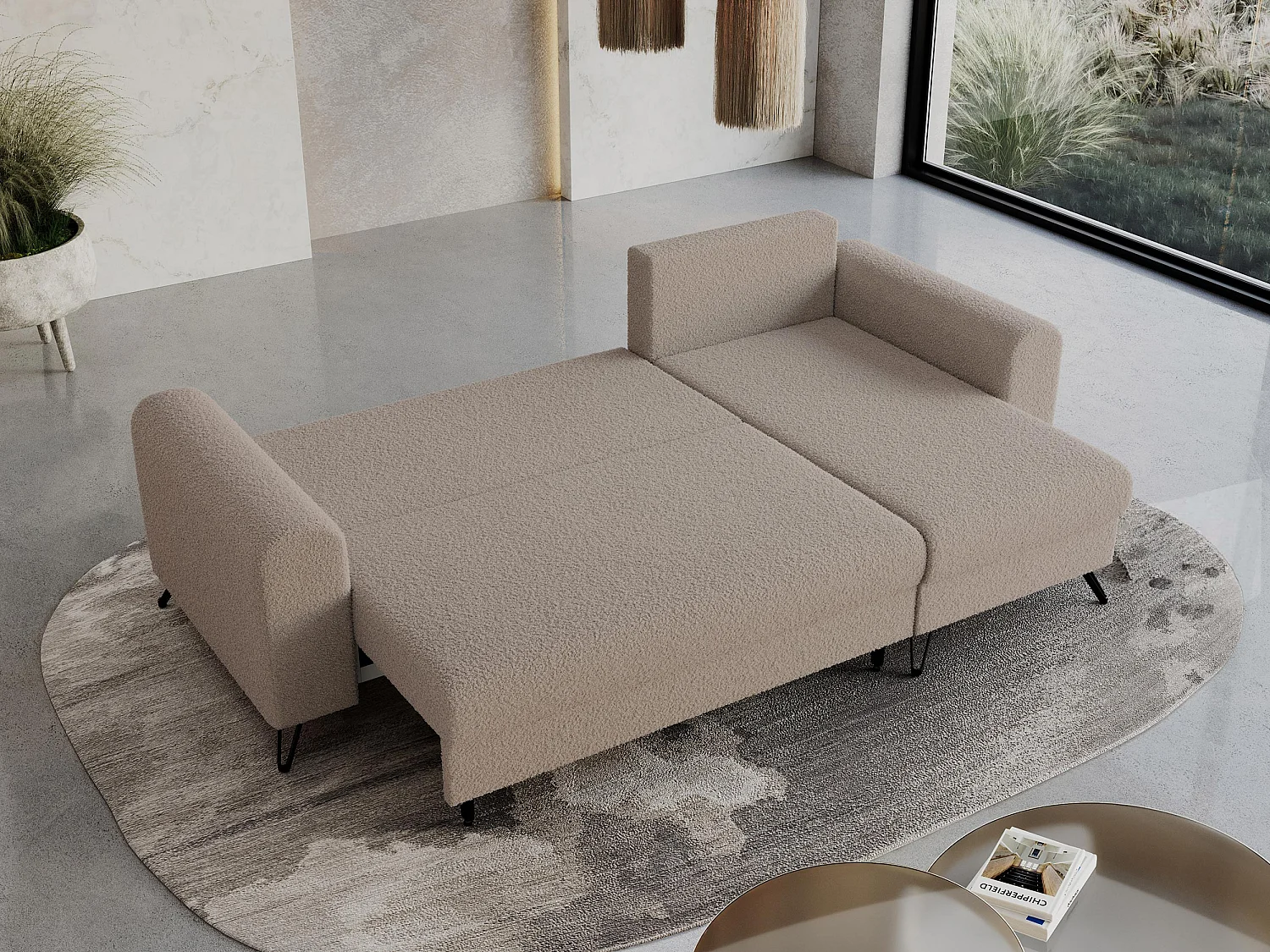 Ecksofa HUGO - L-Form mit Schlaffunktion, lose Kissen - Hellbraun Boucle