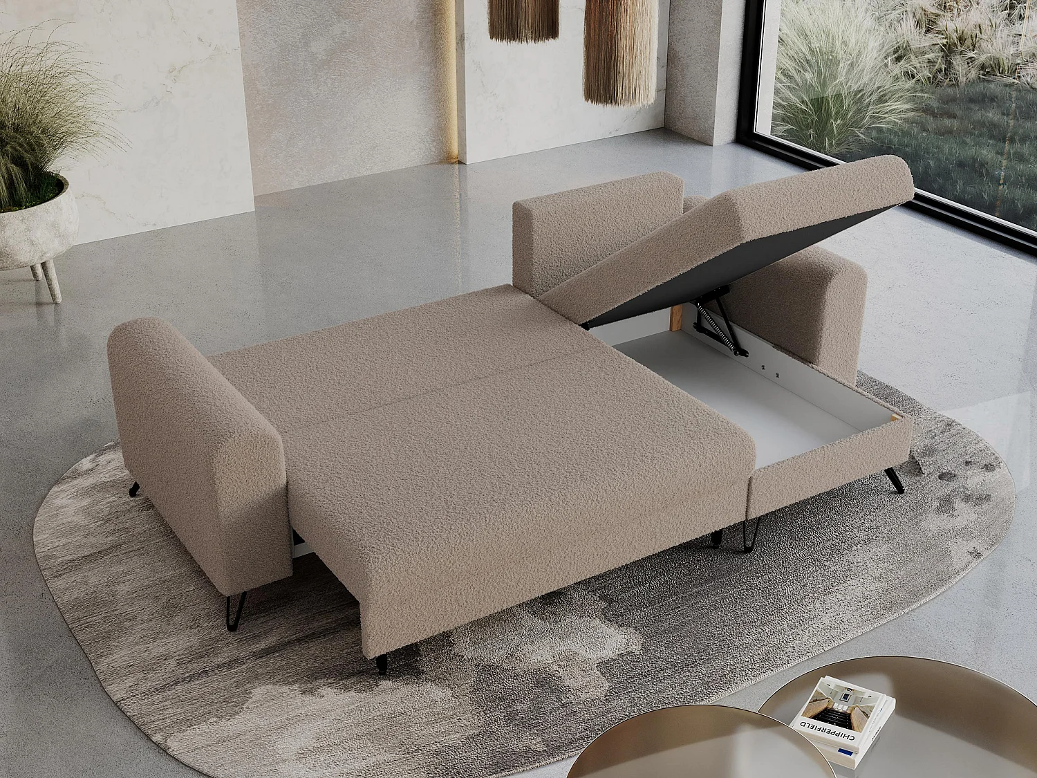 Ecksofa HUGO - L-Form mit Schlaffunktion, lose Kissen - Hellbraun Boucle