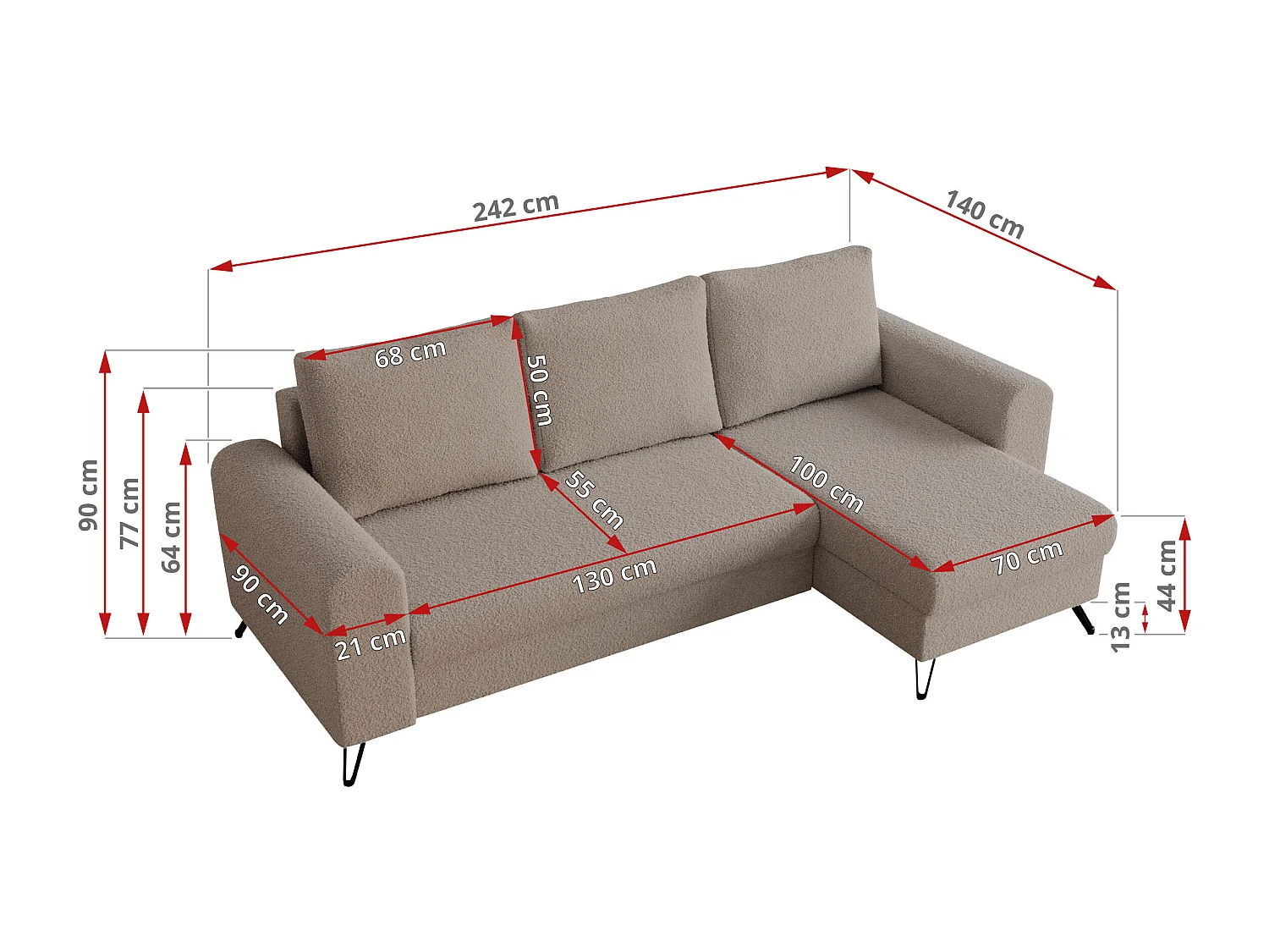 Ecksofa HUGO - L-Form mit Schlaffunktion, lose Kissen - Hellbraun Boucle