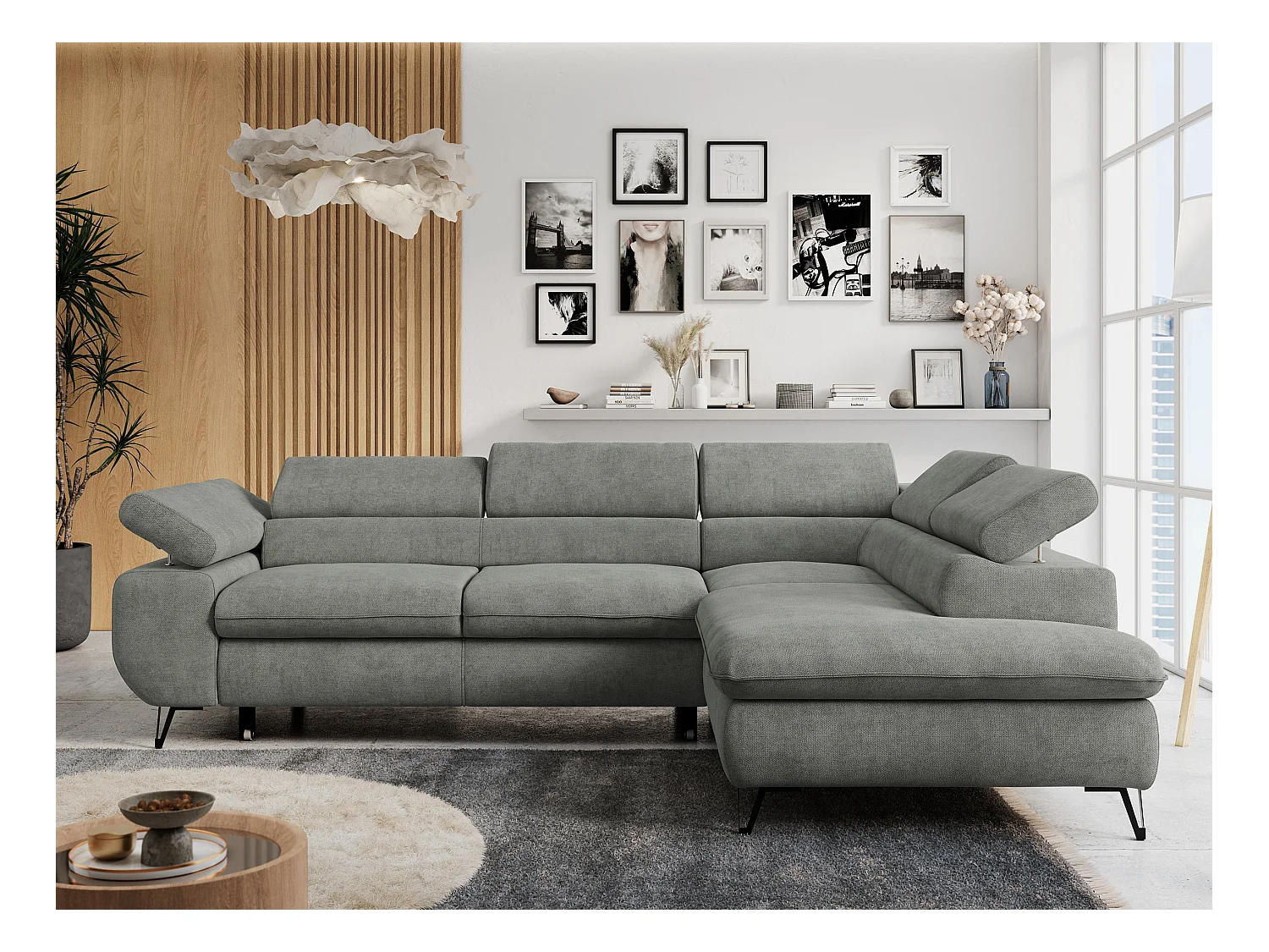 Ecksofa PETER verstellbare Kopfstütze, schlaffunktion - Grau Stukture - Ecke Rechts