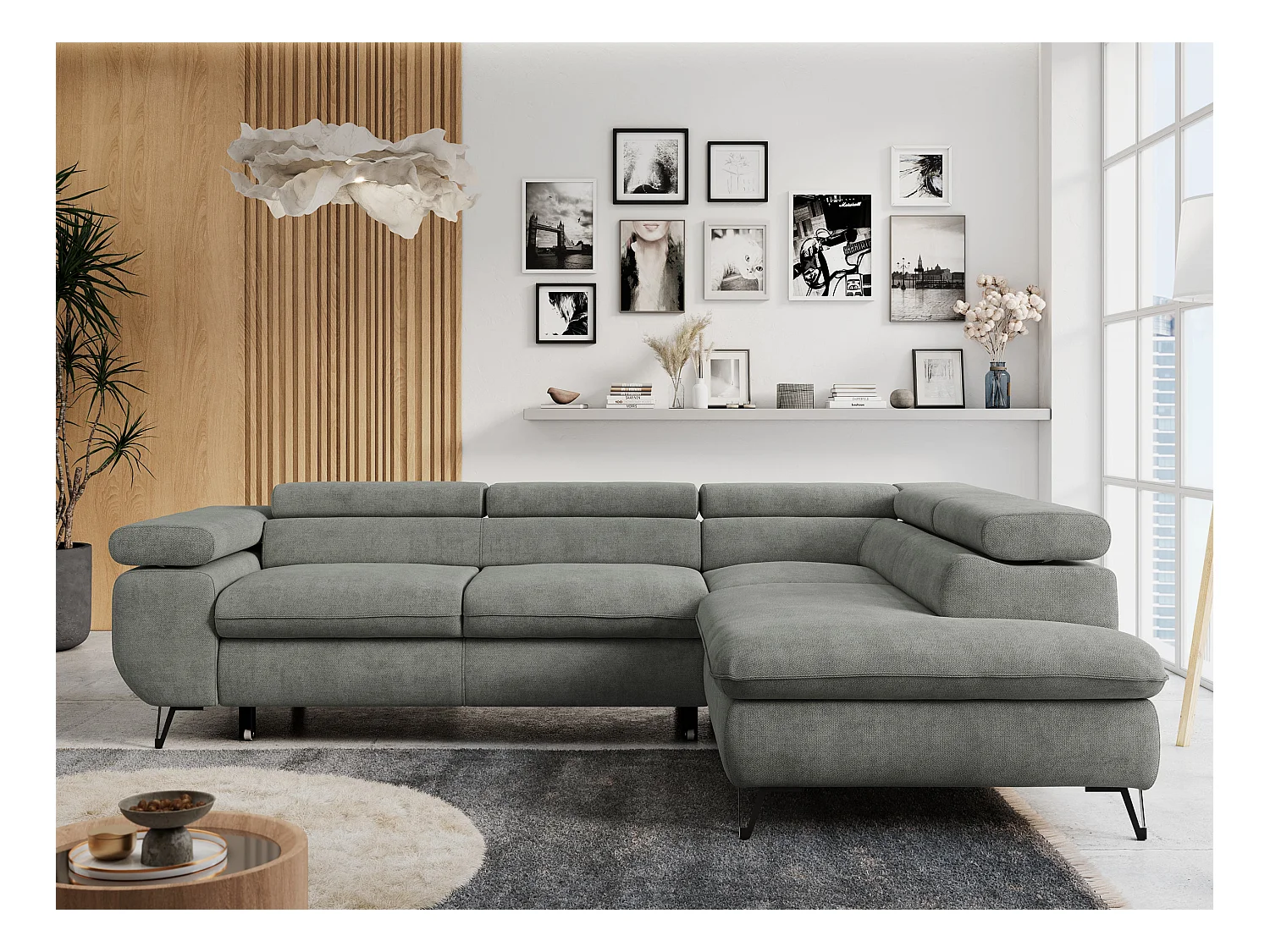 Ecksofa PETER verstellbare Kopfstütze, schlaffunktion - Grau Stukture - Ecke Rechts