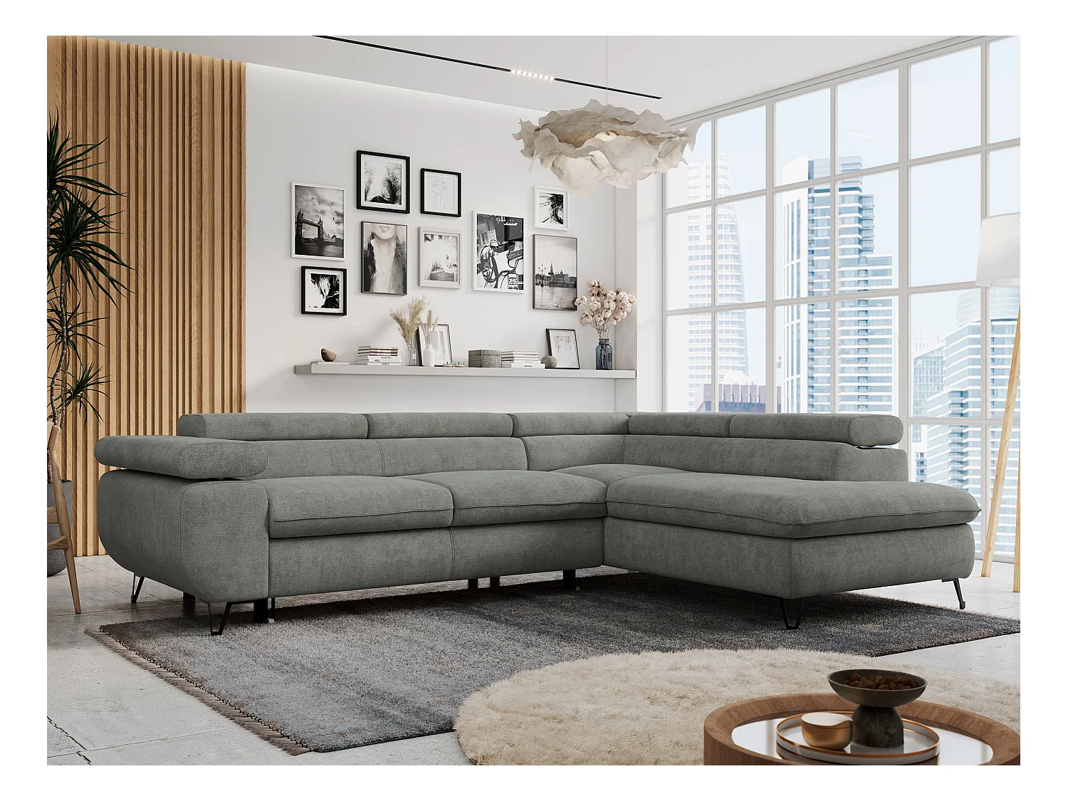 Ecksofa PETER verstellbare Kopfstütze, schlaffunktion - Grau Stukture - Ecke Rechts