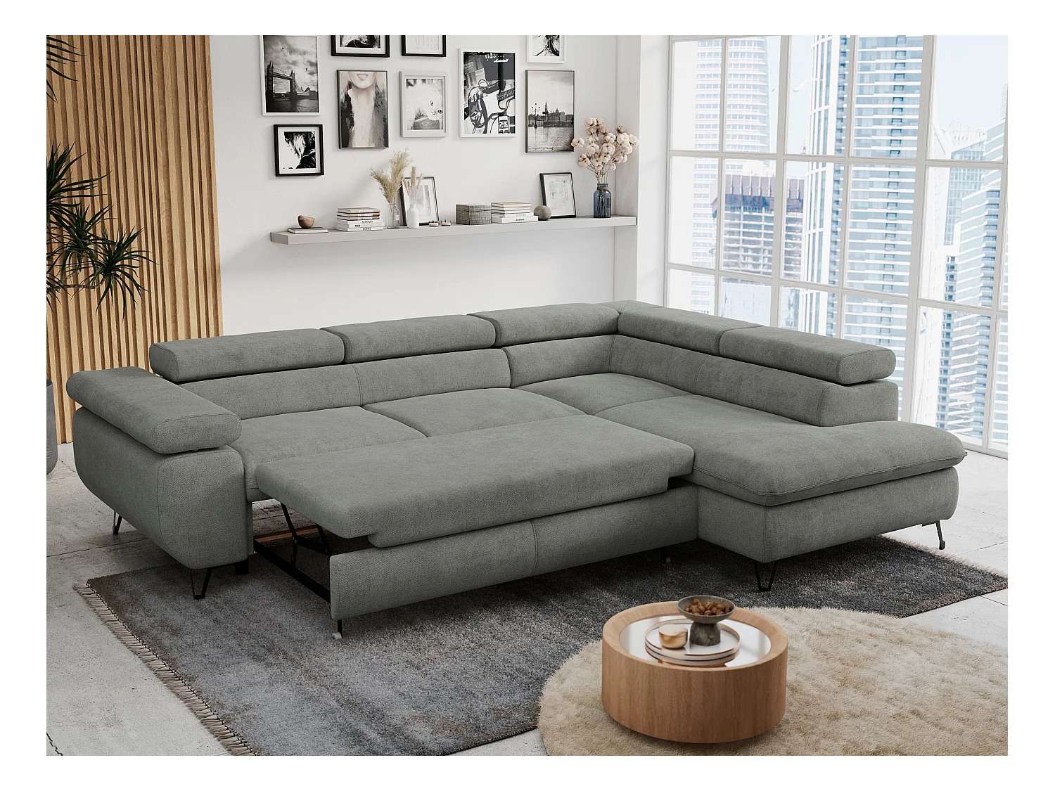 Ecksofa PETER verstellbare Kopfstütze, schlaffunktion - Grau Stukture - Ecke Rechts