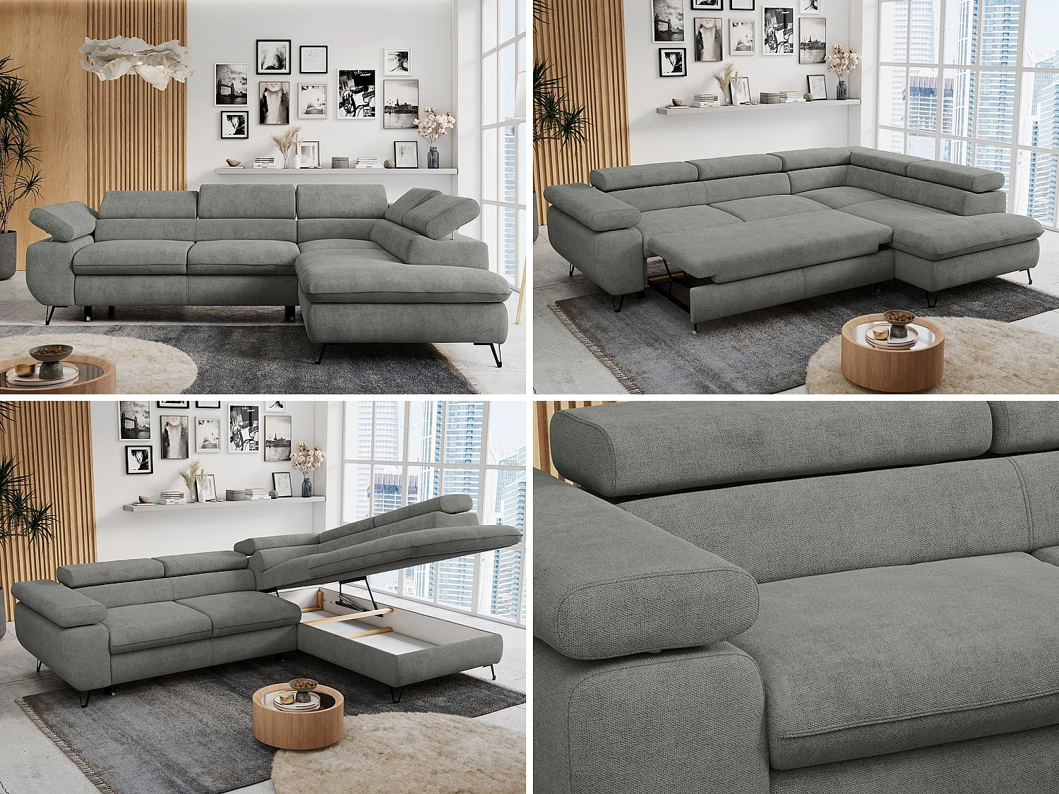 Ecksofa PETER verstellbare Kopfstütze, schlaffunktion - Grau Stukture - Ecke Rechts