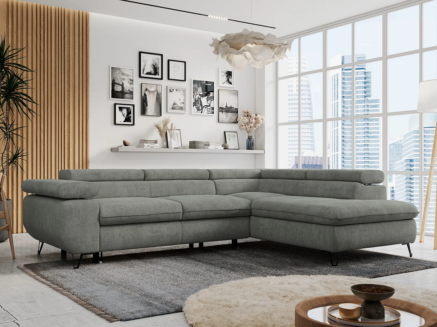 Ecksofa PETER verstellbare Kopfstütze, schlaffunktion - Grau Stukture - Ecke Rechts