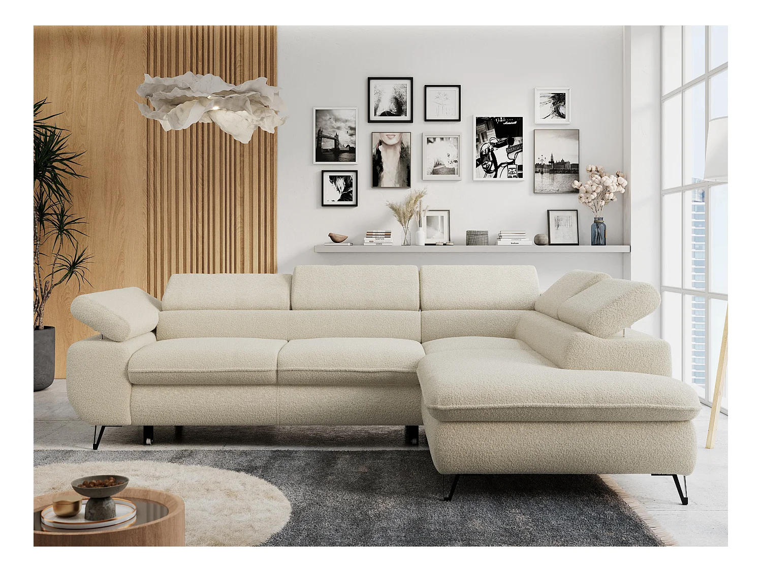 Ecksofa PETER verstellbare Kopfstütze, schlaffunktion - Beige Boucle - Ecke Rechts