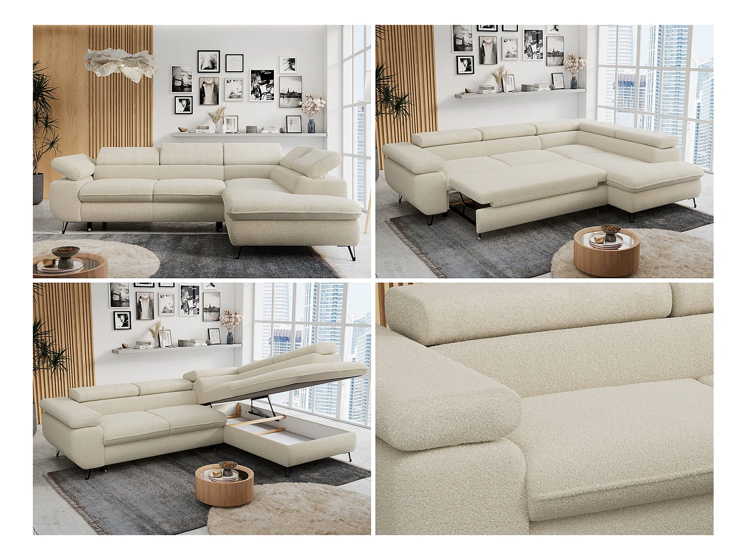 Ecksofa PETER verstellbare Kopfstütze, schlaffunktion - Beige Boucle - Ecke Rechts