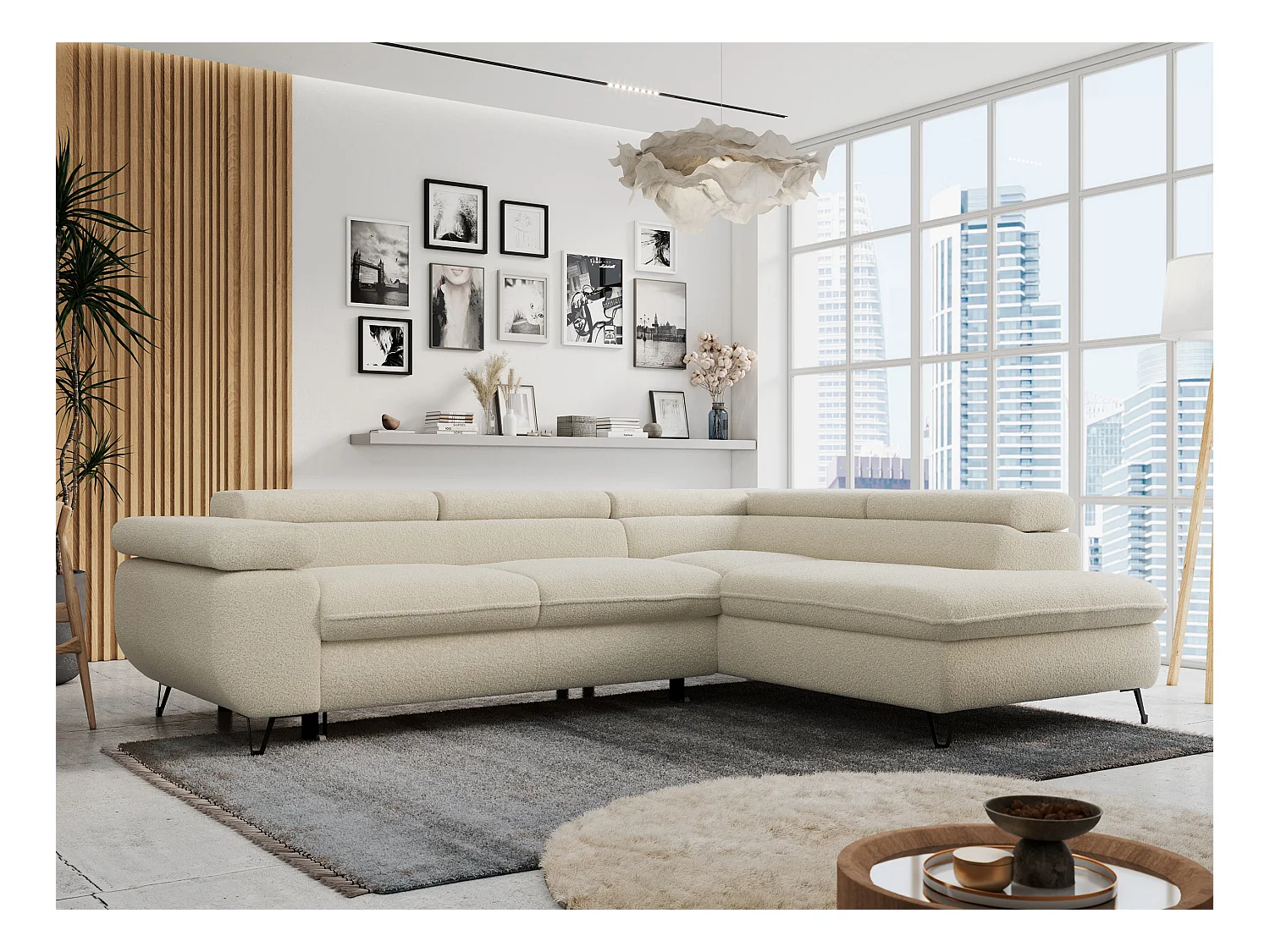 Ecksofa PETER verstellbare Kopfstütze, schlaffunktion - Beige Boucle - Ecke Rechts