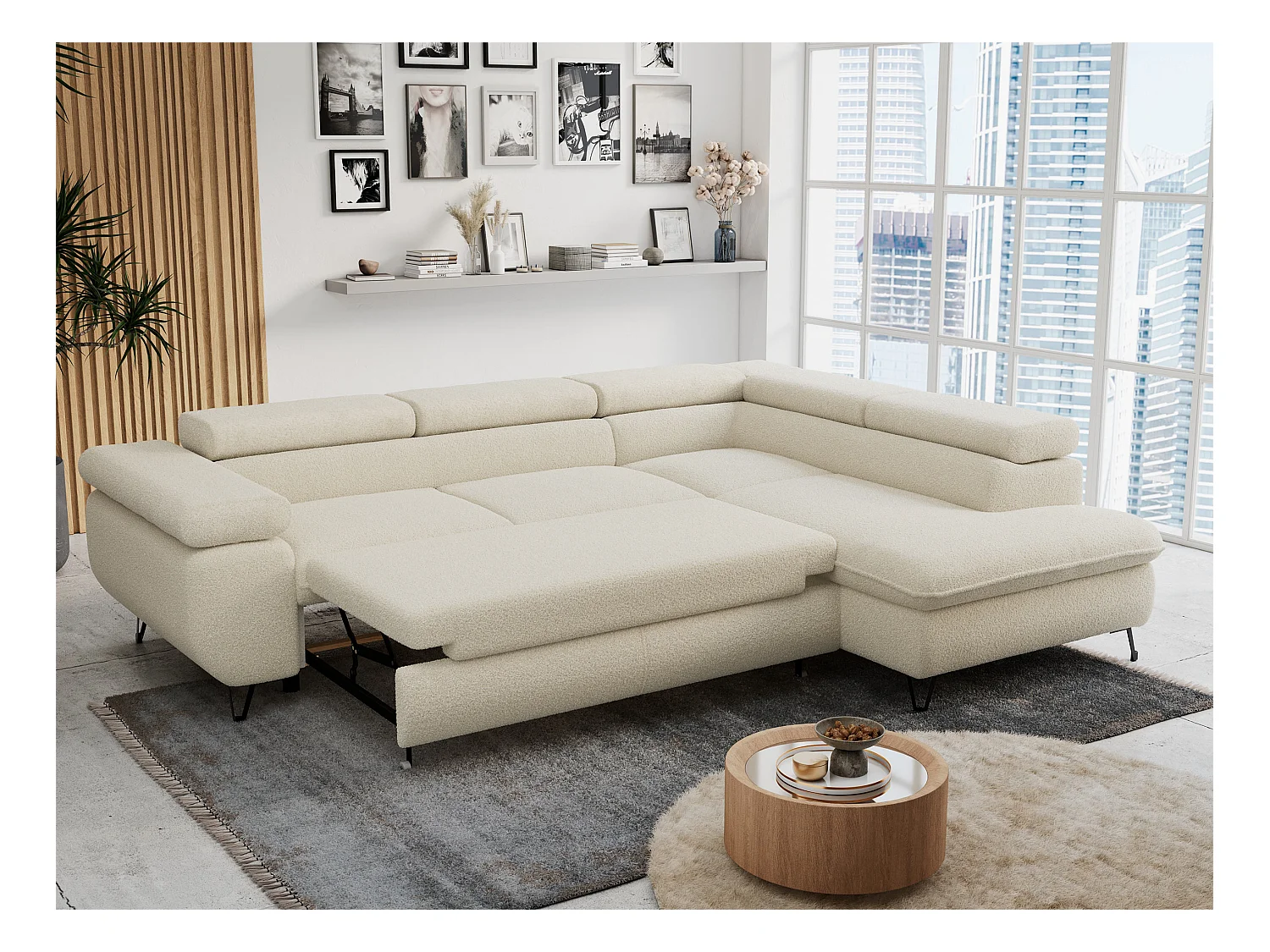 Ecksofa PETER verstellbare Kopfstütze, schlaffunktion - Beige Boucle - Ecke Rechts