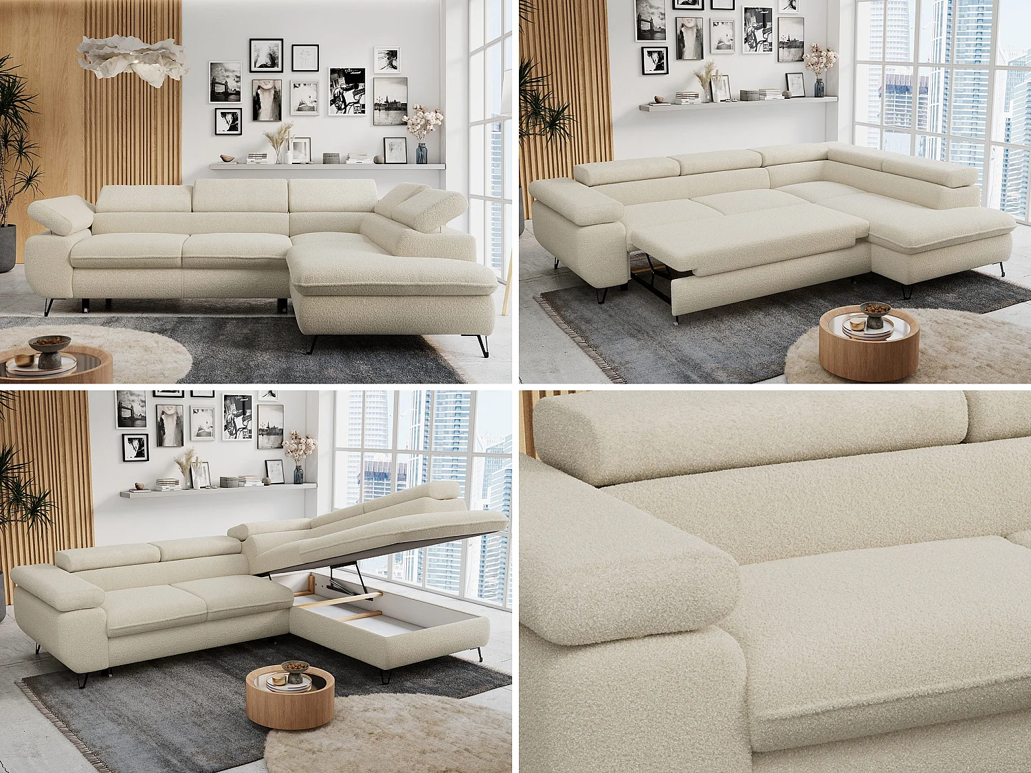 Ecksofa PETER verstellbare Kopfstütze, schlaffunktion - Beige Boucle - Ecke Rechts